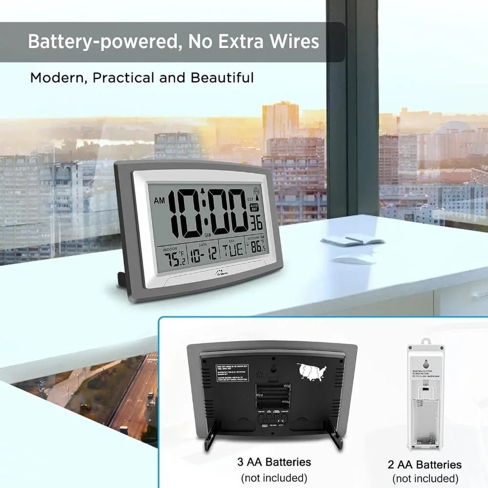 12.5-Inch Atomic Clock with Indoor/Outdoor Temperature - Stylish & Accurate